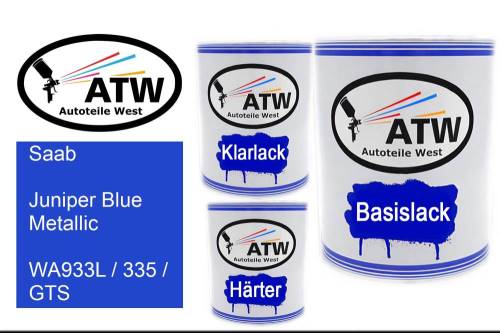 Saab, Juniper Blue Metallic, WA933L / 335 / GTS: 1L Lackdose + 1L Klarlack + 500ml Härter - Set, von ATW Autoteile West.